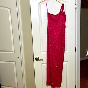 Pink beaded one shoulder prom dress